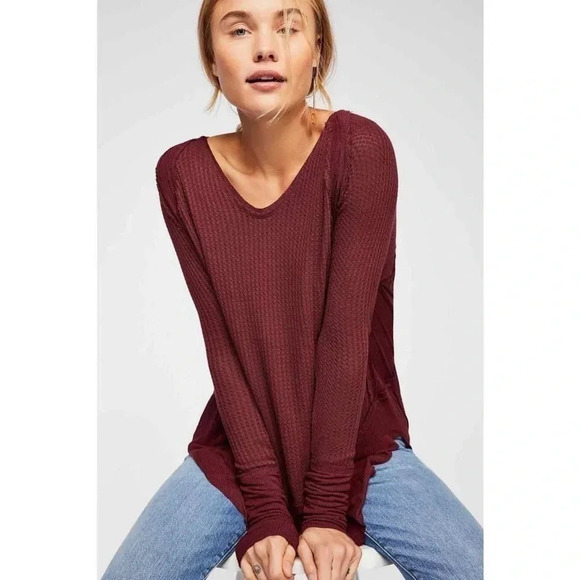 Free People CATALINA Thermal Long Sleeve High Low Slouchy Plum Tee Shirt - Picture 1 of 7